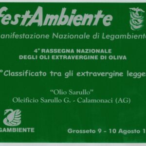 RASSEGNA DEGLI OLI EXTRAV. D’OLIVA (Grosseto; organizz.LEGAMBIENTE) edizione 1999: 1° PREMIO
